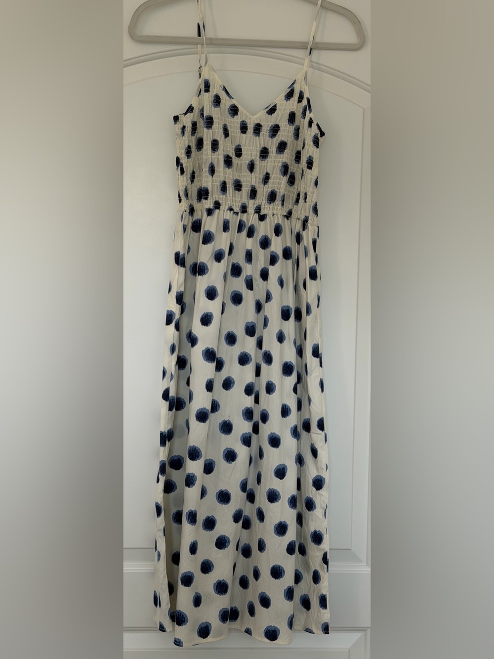 H&M 100% Cotton Cream Maxi Dress with Navy Polka Dot Print